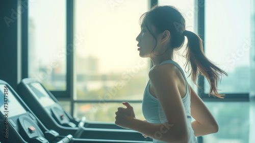 Side view of Young korean women athlete running or jogging on treadmill in a hotel sport club - Generative AI