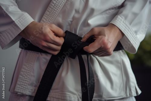 master tying black belt before class, closeup of hands