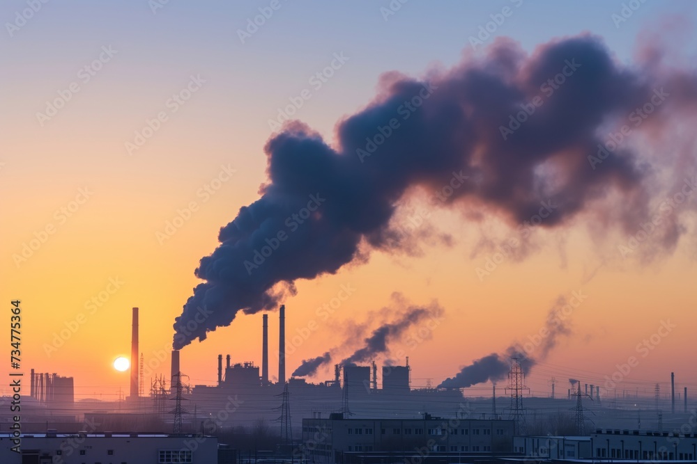smoke plumes rising over industrial complex at sunset