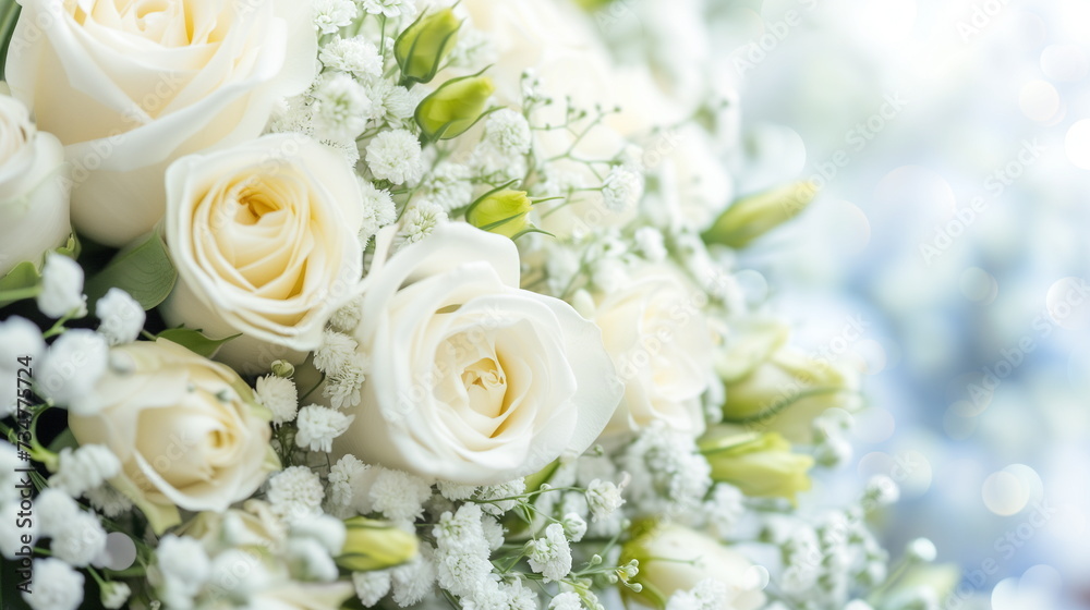 Bouquet of white roses and gypsophila. Close up. Right copy space. Generative AI Bouquet of white roses and gypsophila. Close up. Right copy space. Generative AI