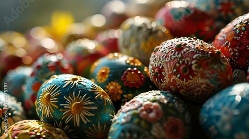 Colorfully Decorated Eggs Piled on Top of a Table 