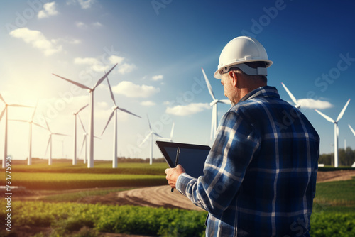 a man with a tablet in his hands against the background of a wind generator. generative ai