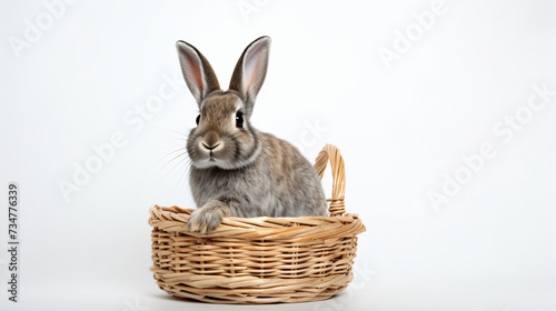 Grey rabbit in a basket