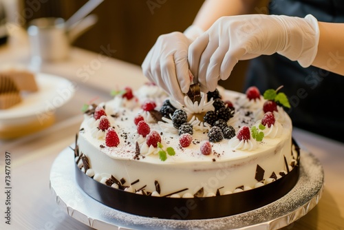 person wearing gloves while adding adornments to a cake