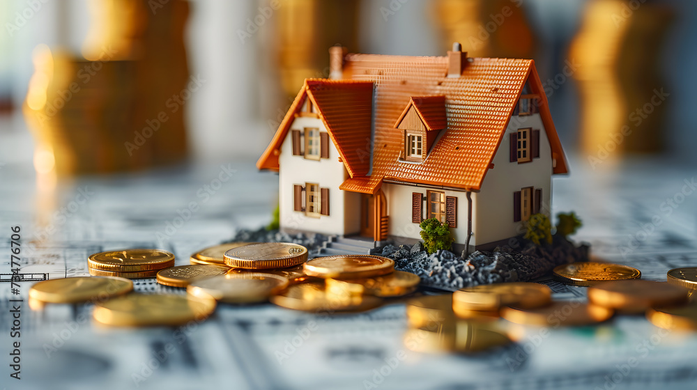 A small model home placed on top of detailed architectural blueprints, surrounded by coins, illustrating real estate investment and savings.
A small model home placed on top of detailed architectural blueprints, surrounded by coins, illustrating real estate investment and savings.