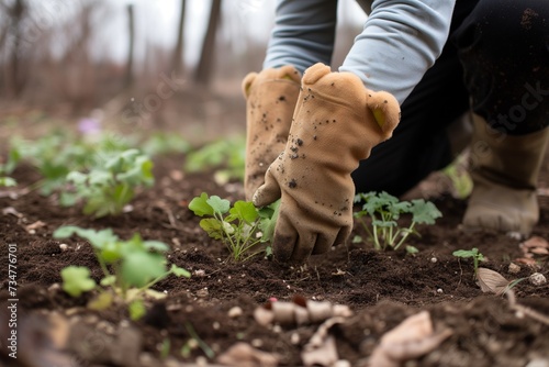 gardener with bear gloves planting trees in deforested area