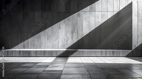 Architectural detail of a minimalist concrete wall with a striking play of shadows and light creating a geometric pattern. 