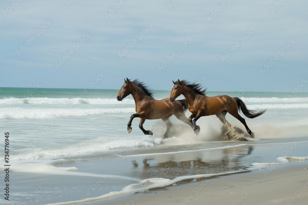 two horses racing each other on a broad, flat beach with waves crashing two horses racing each other on a broad, flat beach with waves crashing