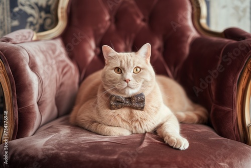 peach cat with a bow tie, sitting on velvet chair