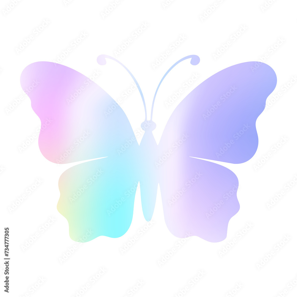 Holographic y2k future metal butterfly badge, stamp, trendy colored sticker set heart and abstract shapes. Silver foil tag collection. Vector illustration