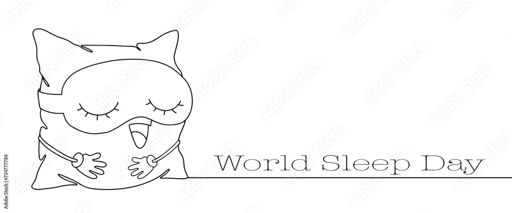 Pillow. Mask for sleep. World Sleep Day. One line.