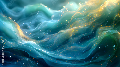 Digital art depicting the mesmerizing movement of ocean waves with shimmering particles, evoking a sense of calm and serenity. 