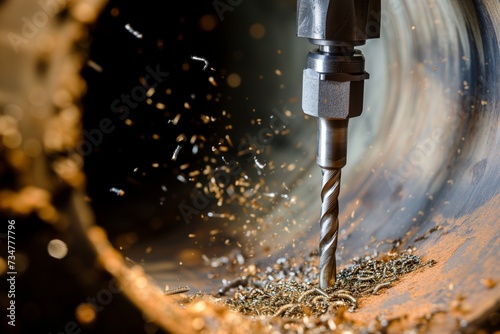closeup of drilling hole into a hollow metal pipe, metal shavings photo