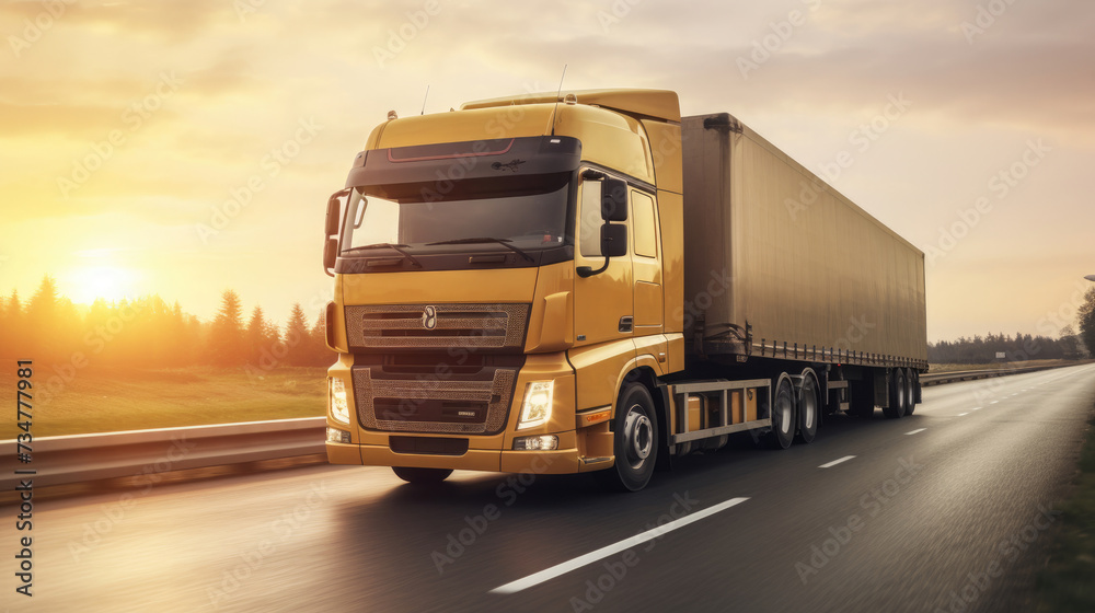 Transport Container Truck running on the highway at sunset moving with blurred motion as concept export import logistics and cargo transportation industry created with Generative AI Technology