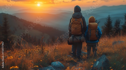Family trip, mountains sunset, concept of active recreation