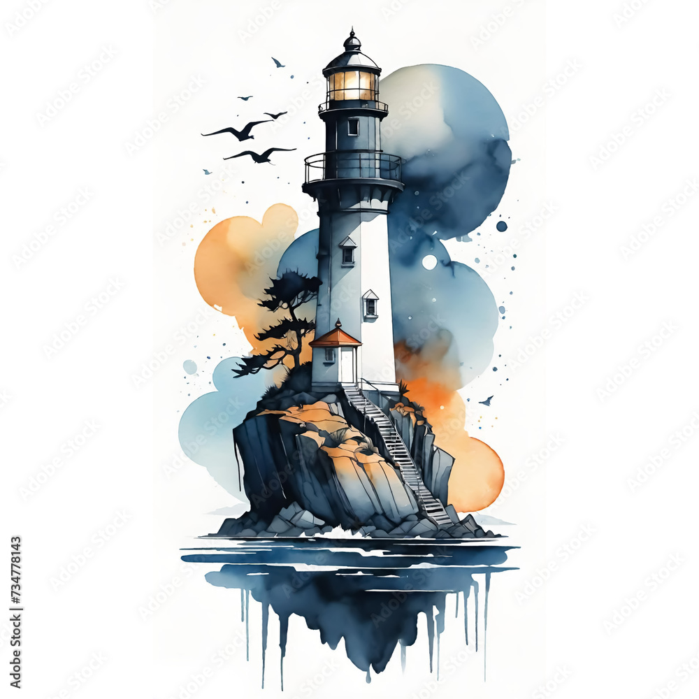 This artistic watercolor painting captures the tranquil essence of a lighthouse perched atop a craggy cliff against a backdrop of soft dusk hues and soaring birds. This artistic watercolor painting captures the tranquil essence of a lighthouse perched atop a craggy cliff against a backdrop of soft dusk hues and soaring birds.