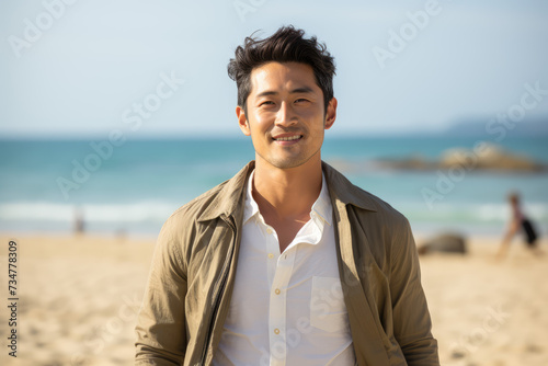 man standing on the beach with arms crossed and his smile closed