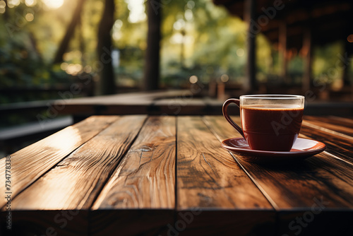 Coffee morning on the wood floor background. photo