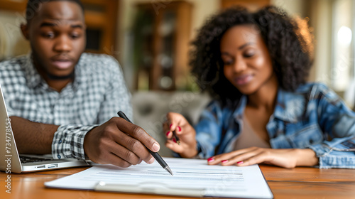 Focused young couple sitting at a table, carefully reviewing and signing financial documents, with a laptop nearby. 