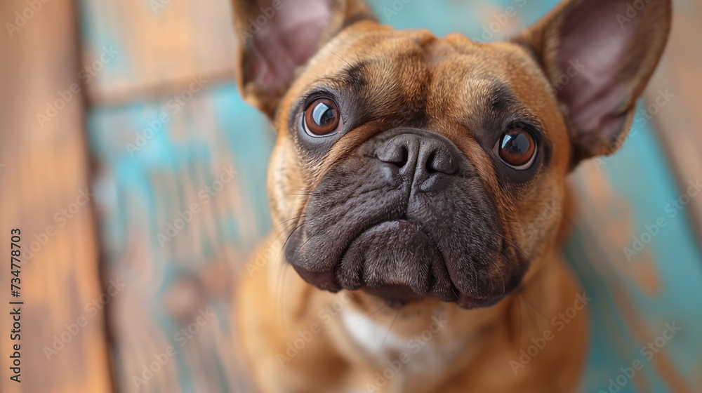 French bulldog on a wooden background. Close-up. Selective focus.