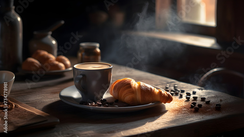 A steaming cup of coffee on a rustic wooden table surround