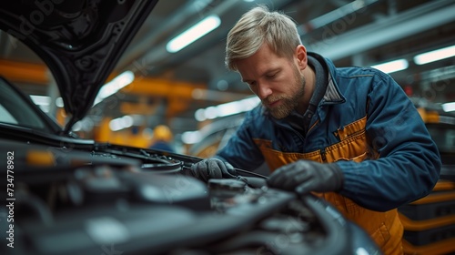 Car mechanician repairing car in auto repair shop