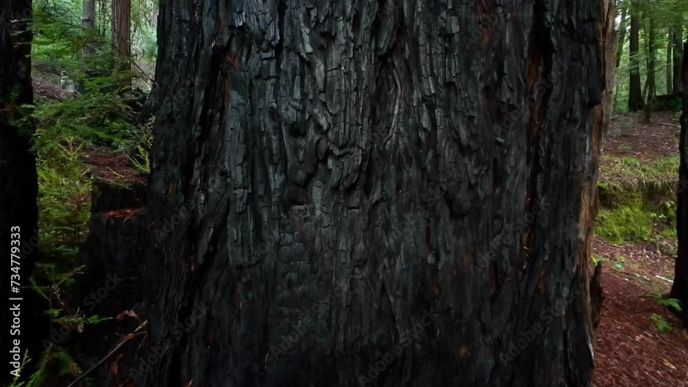 Giant redwood tree scorched and burned by fire - slow isolated push in close up of the bark texture Giant redwood tree scorched and burned by fire - slow isolated push in close up of the bark texture