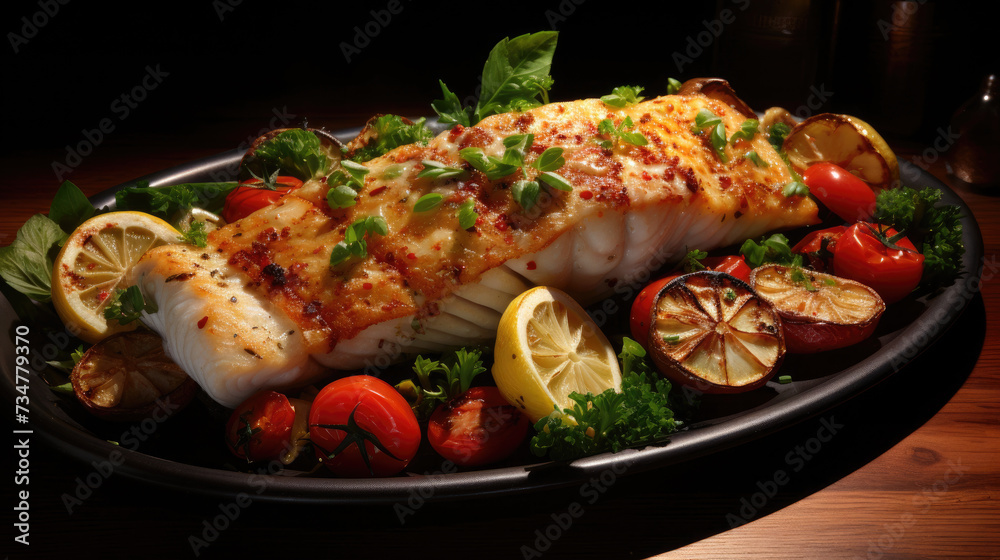 Grilled roasted sliced cod fish meat with spices Grilled roasted sliced cod fish meat with spices