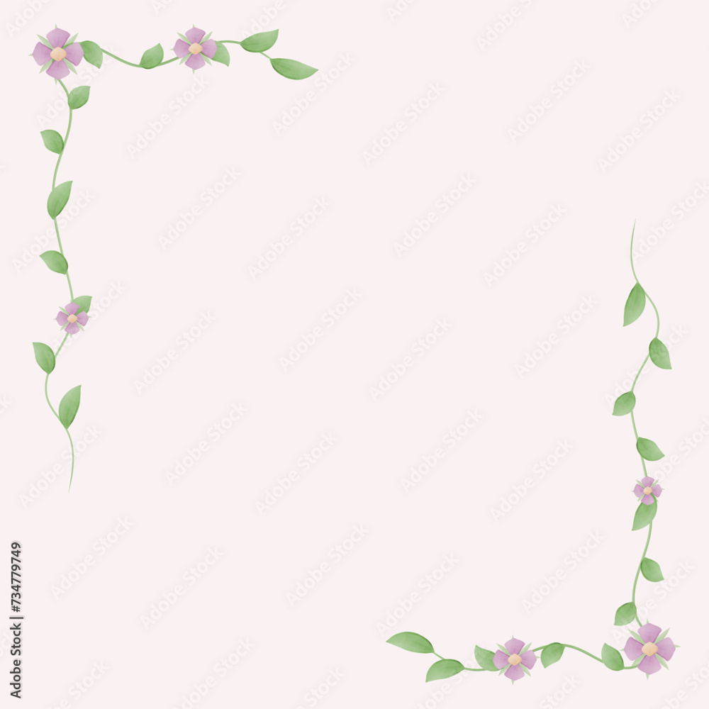 Frame with flowers and leaves. Pink background with floral watercolor composition. Invitation, celebration. Card, postcard, paper, template, banner. Vector.