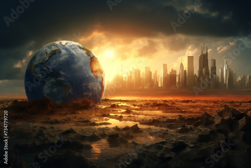 Climate change crisis concept. Global warming illustration. Earth globe with city and environment.