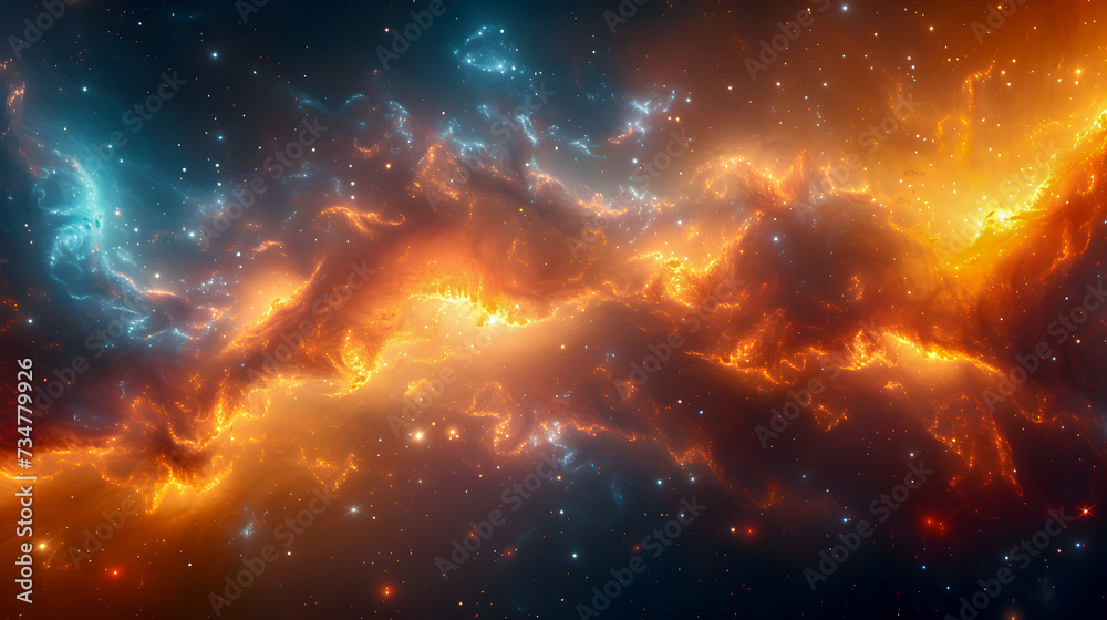 A vibrant interstellar nebula with swirling clouds of dust and gas in deep space.

