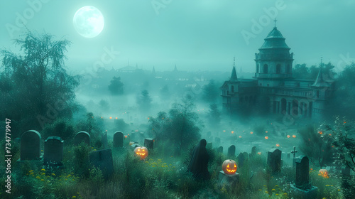 Eerie misty graveyard under a full moon with glowing jack-o'-lanterns and a shadowy figure. 