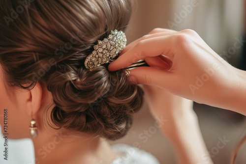 woman clipping a jeweled barrette in her hair