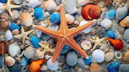 top view of colorful collection of Starfish and sea shells scattered on the sand of summer waters with beautiful waves created with Generative AI Technology
