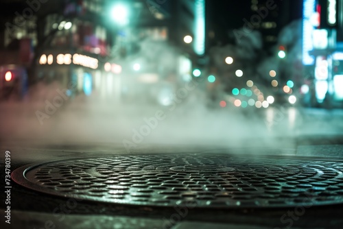 manhole cover detail with steam, city lights in the background photo