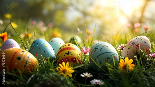 Colorful Easter eggs in a field, suitable for spring holidays 
