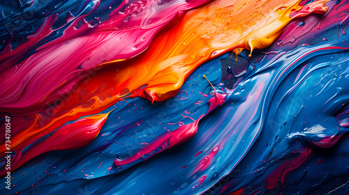 Abstract background of swirling acrylic paints in vibrant pink, blue, and orange hues with dynamic textures and patterns.
