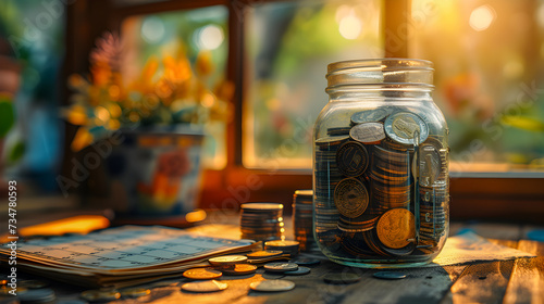 Glass jar filled with coins on a wooden table, illuminated by warm sunset light, symbolizing saving and financial management. 