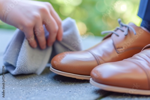 person polishing a pair of brown dress shoes with a cloth