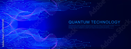 Quantum computer technology with modern circuit board texture and wave flow. Abstract futuristic blue electronic circuit board on dark blue background.