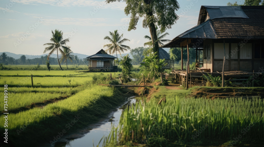 Landscape Local Thai villages have traditional country village houses with a green rural atmosphere, rice fields and coconut trees on a sunny clear day created with Generative AI Technology