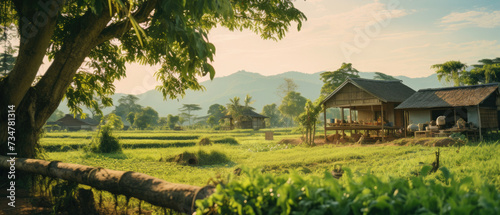 Landscape Local Thai villages have traditional country village houses with a green rural atmosphere, rice fields and coconut trees on a sunny clear day created with Generative AI Technology © AstraNova