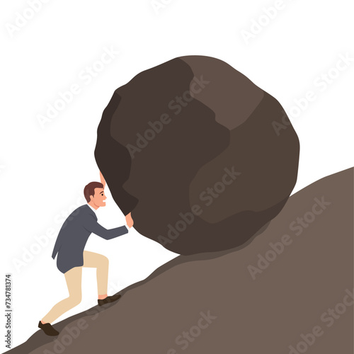 Young businessman pushing a big boulder to the top. Flat vector illustration isolated on white background
