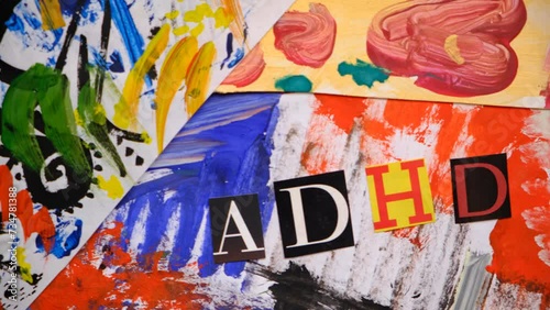 ADHD text. Abbreviation ADHD from paper letters . Colorful art background. ADHD is Attention deficit hyperactivity disorder photo