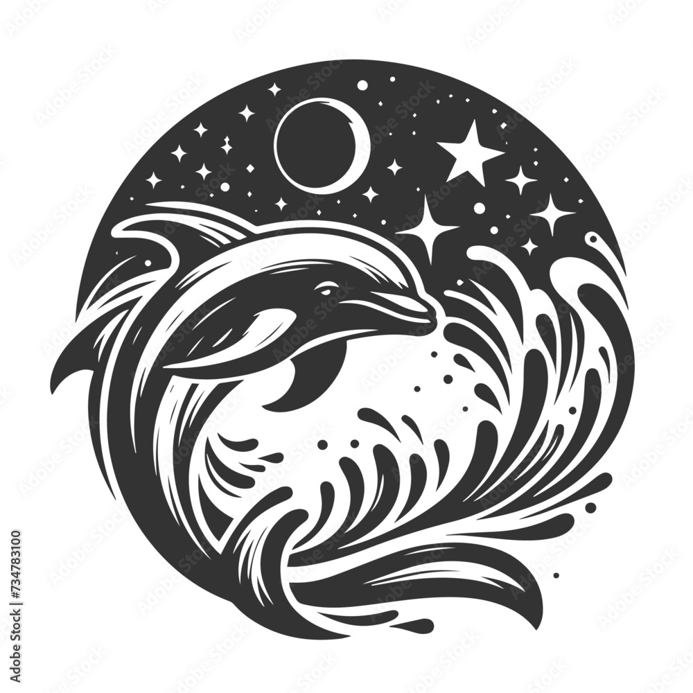Naklejka premium Dolphin logo with stars silhouette vector isolated on white background