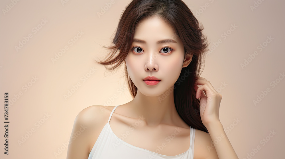 Asian Korean woman's face model looks fresh and youthful using natural skin care makeup in a plain studio room Asian Korean woman's face model looks fresh and youthful using natural skin care makeup in a plain studio room