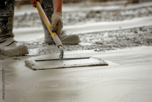 worker smoothing wet concrete with trowel photo