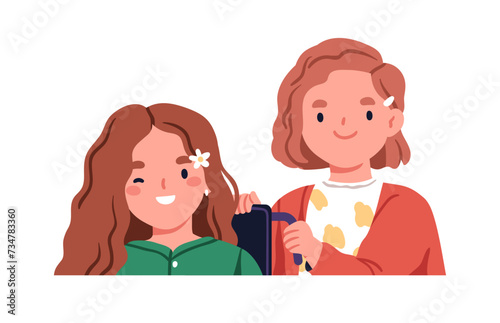 Cute happy girls friends. Smiling excited girlfriends portrait. Cheerful adorable little children characters, kid with disability on wheelchair. Flat vector illustration isolated on white background