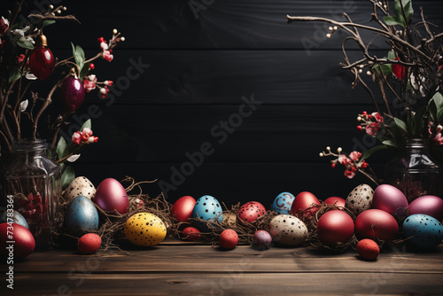 Easter eggs on the wood table on the Easter day.