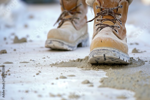 closeup of workers boots walking on fresh concrete